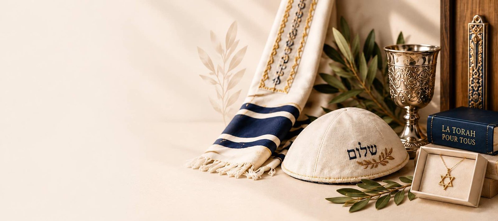 Sélection d'articles de Judaica : kippa, talit, coupe de kiddouch et bijoux
